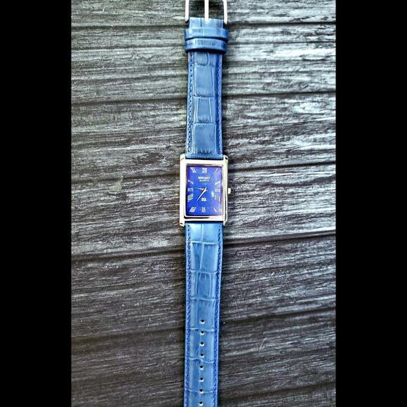 Vintage Mens Tank Blue Wave Dial Dress Watch New Mvt & Batt - Picture 2 of 5